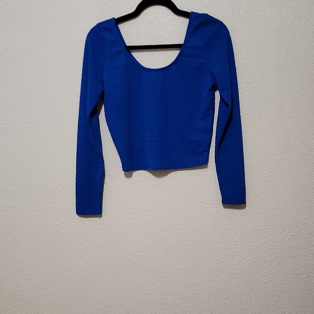 Material Girl Blue Crop Long Sleeve Backless Bodysuit